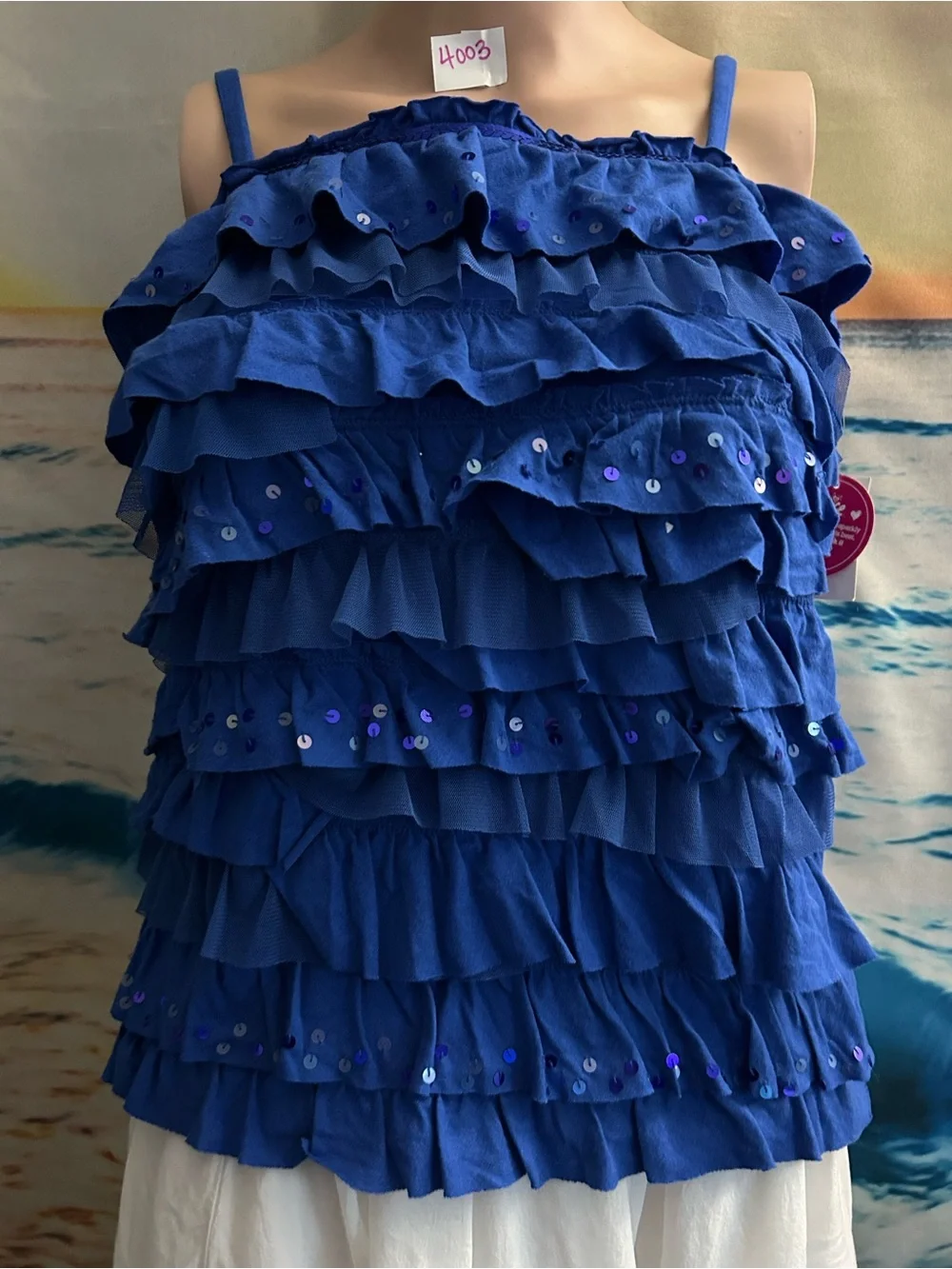Justice Girls Royal Blue Ruffle Sequin Spaghetti Strap Tank SZ 16 NWT